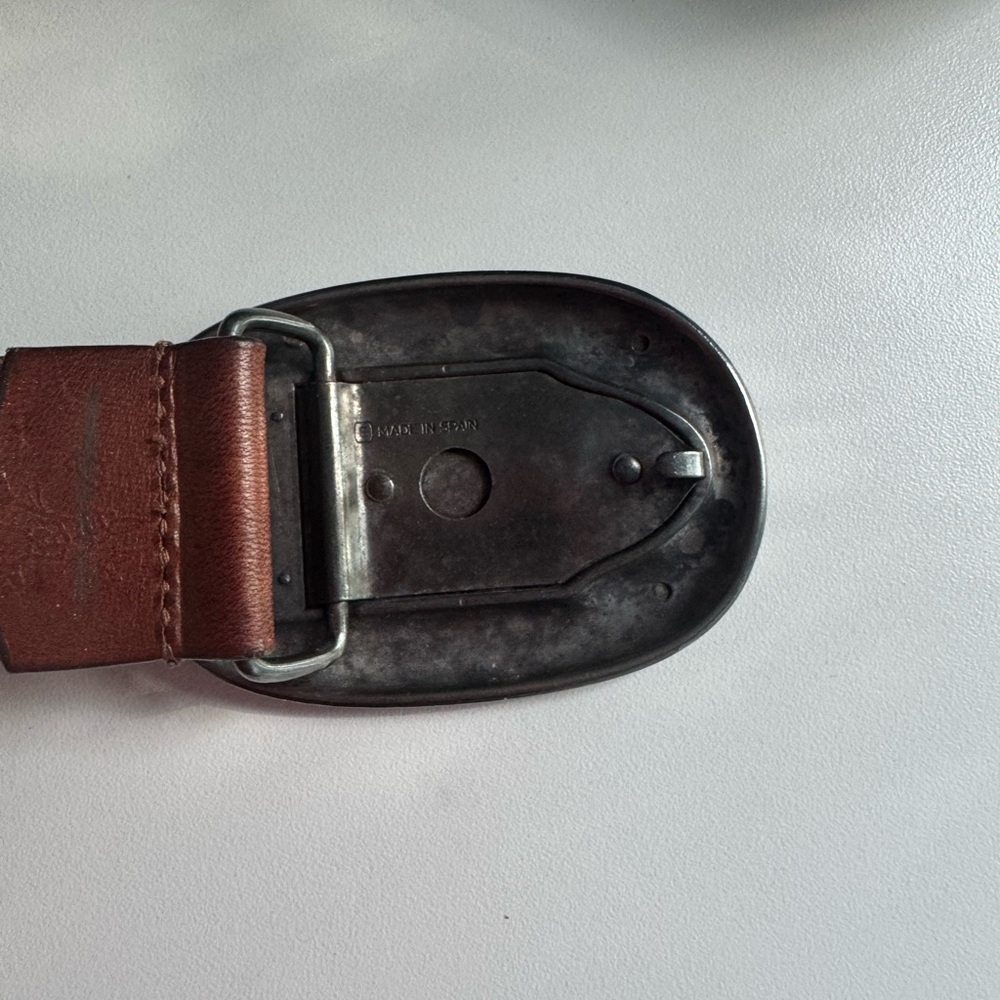 Abercrombie and Fitch Western Tooled Leather Belt Brown Chunky Silver Buckle - Picture 9 of 10